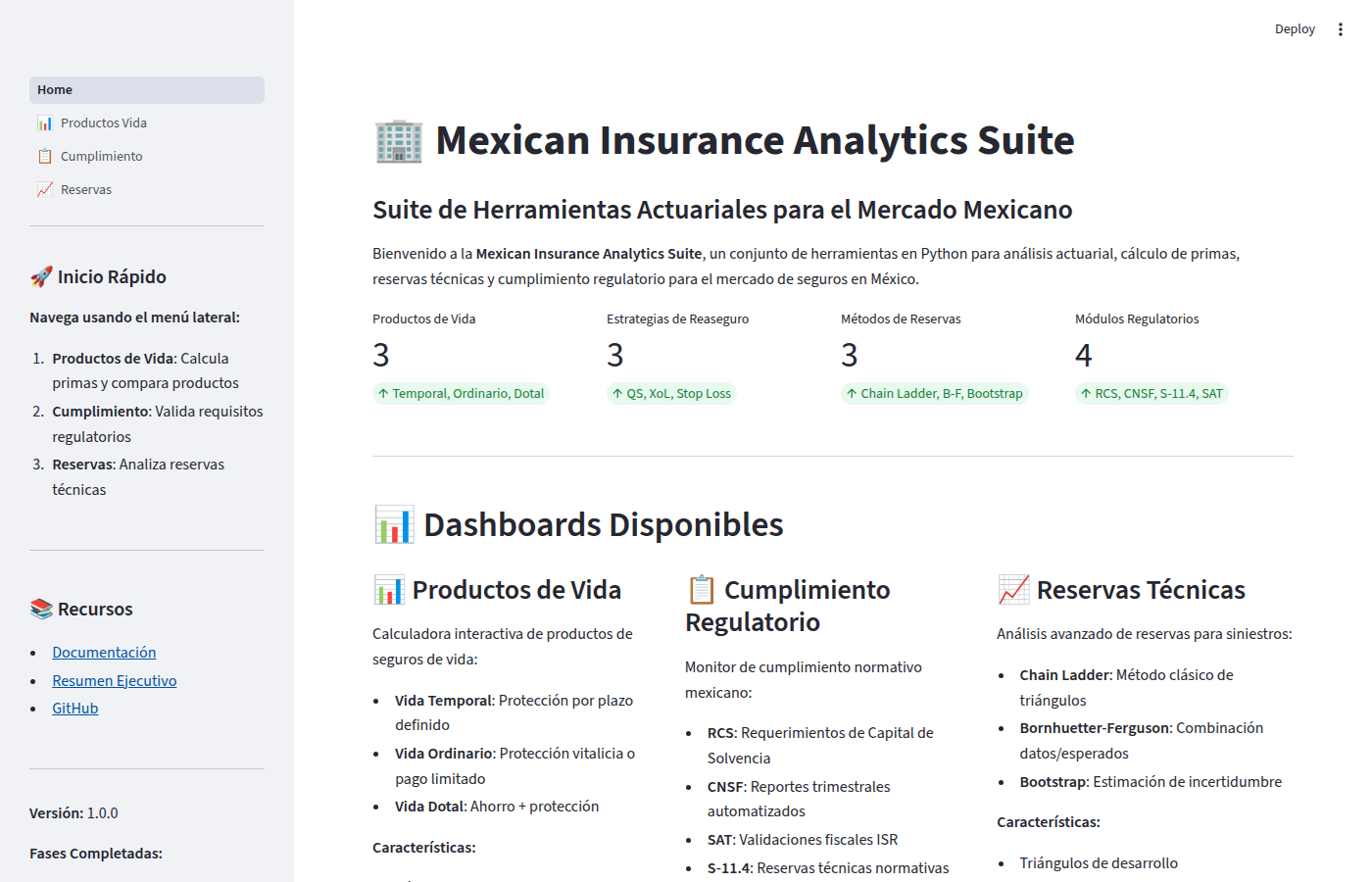 Ejemplos interactivos de la Suite Actuarial Mexicana mostrando calculadoras de productos de vida, cumplimiento regulatorio y reservas técnicas