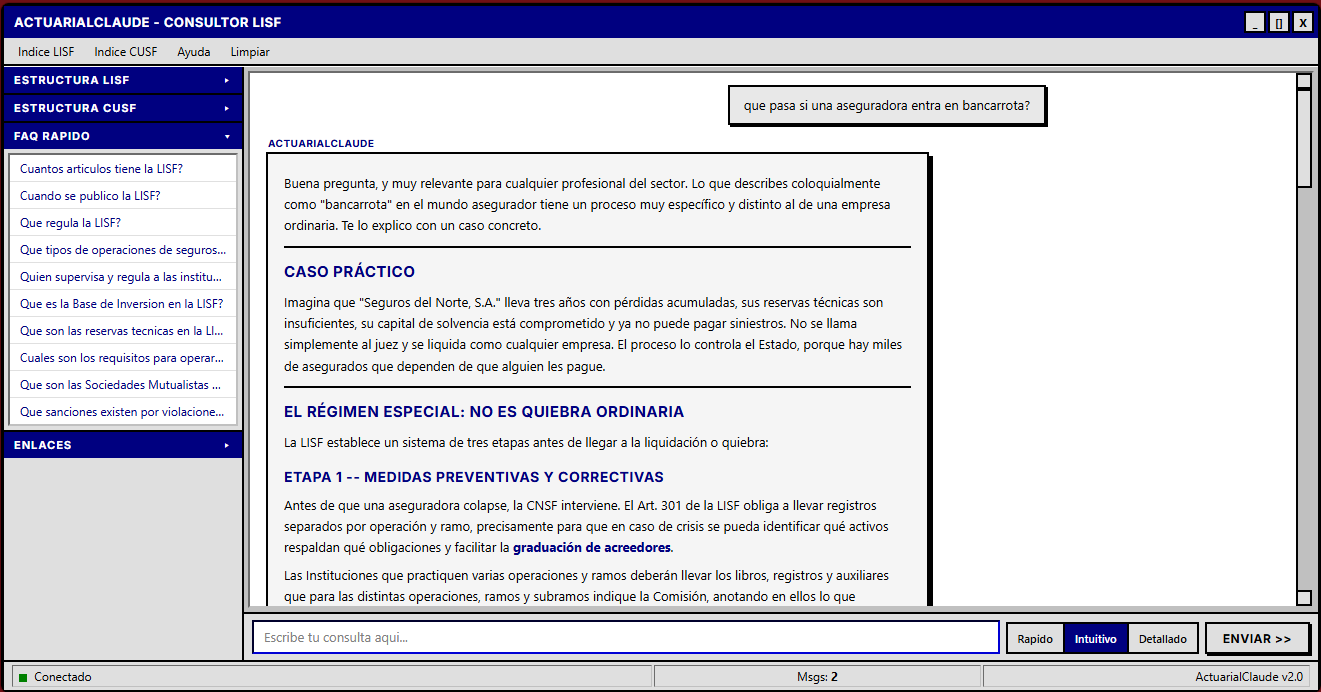Interfaz del Asistente de Regulación Actuarial mostrando la barra lateral con estructura LISF/CUSF y el área de conversación